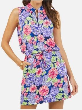IBKUL Ladies Larisa Navy Floral Sleeveless Drawstring Golf Dress Size L EUC